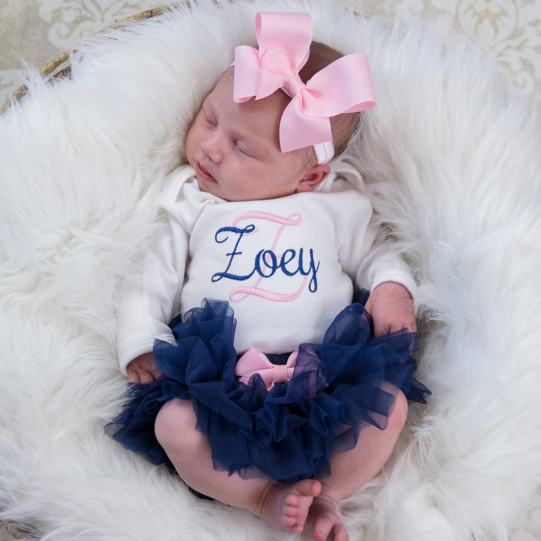 Pink and Navy Baby Girl Tutu and Personalized Bodysuit