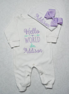 "Hello World" Bodysuit and Hat with Bow Coming Home Outfit