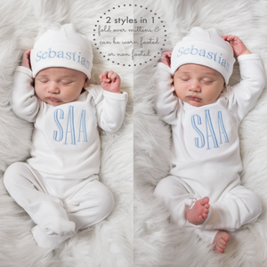 Monogrammed Baby Boy Outfit- White W/Light Blue