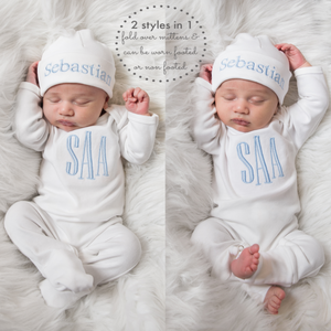 Monogrammed Baby Boy Outfit White W Light Blue Junie Grace