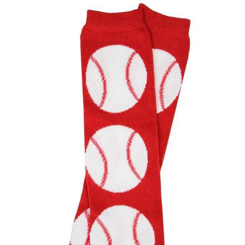 detail shot of red and white baseball baby leg warmers