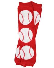 red leg warmers with white and red detailed baseballs on them for babies