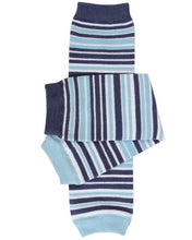 full view of baby leg warmers in navy blue, white and light blue