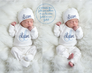 Personalized Baby Boy Outfit - Light Blue and Navy Thread