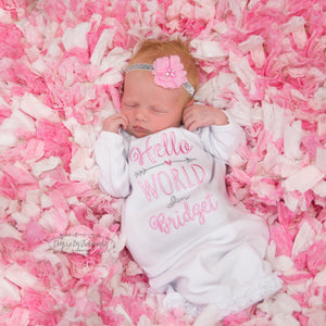 "Hello World" Personalized Baby Girl Coming Home Gown and Headband