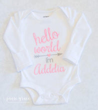 Full view of Hello World I'm Addelia bodysuit romper for a baby girl