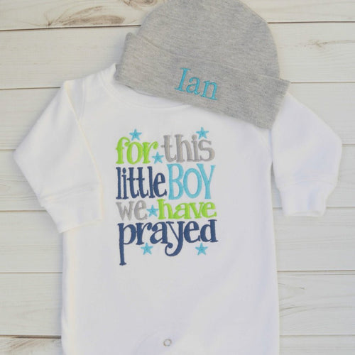 For this little boy we have prayed Ian personalized hat in gray and white romper set