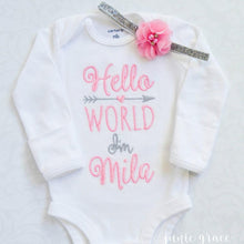 Hello world I'm Mila embroidered bodysuit with pink flower headband