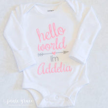 Hello World I'm Addelia baby girl romper 