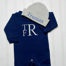 Truman TFR monogrammed navy blue baby boy bodysuit with grey matching hat