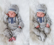 Custom Baby Boy Outfit with Hat - Gray and Navy