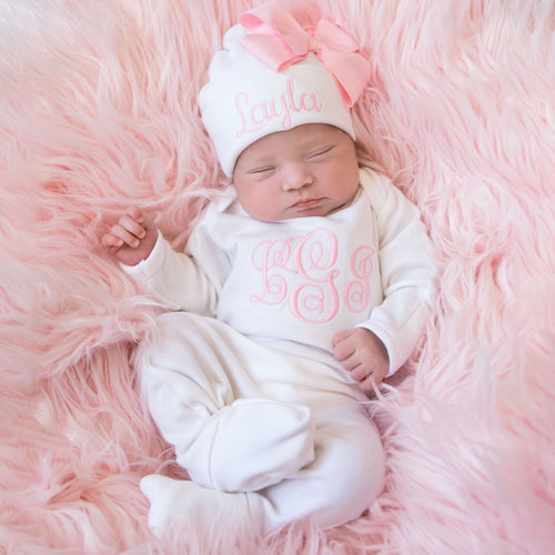 Newborn Girl Monogrammed White and Pink Hat & Sleeper Outfit