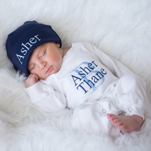 Personalized White & Navy Baby Boy Matching Romper and Hat Coming Home Outfit