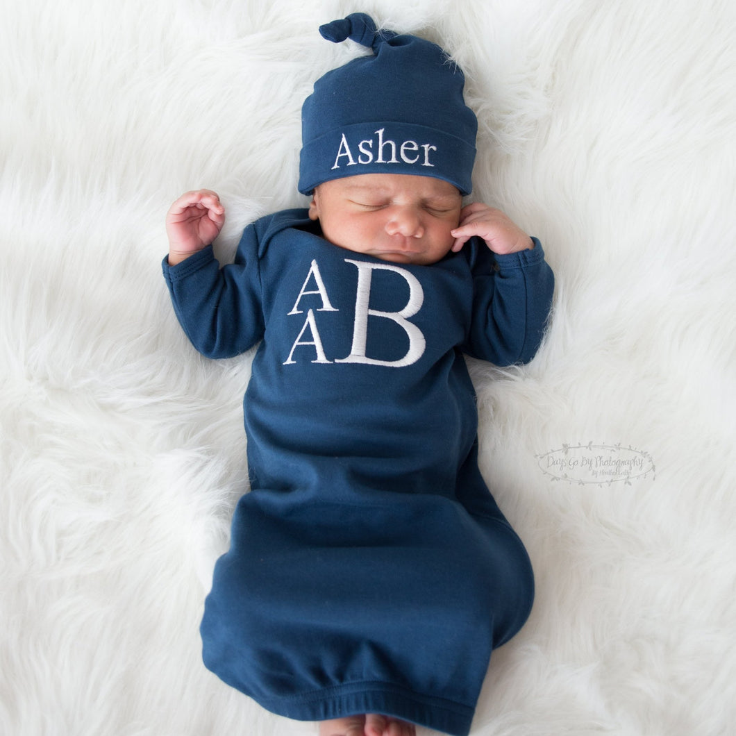 Navy Baby Boy Coming Home Gown with White Lettering