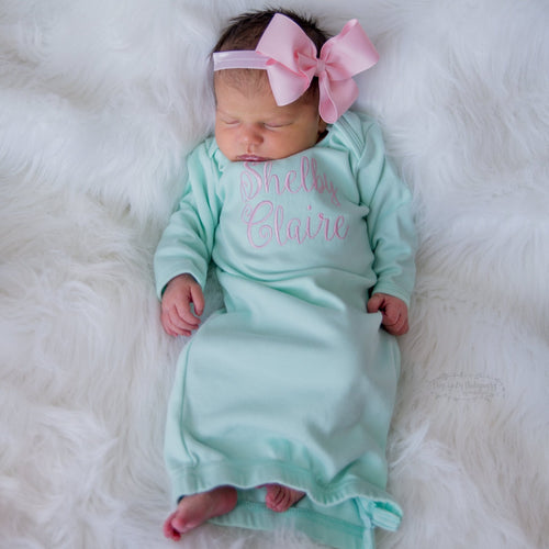 Mint Newborn Baby Girl Coming Home Gown with Bow Headband