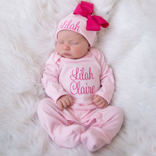 Baby Girl Personalized Pink Matching Hat With Bow & Romper Outfit