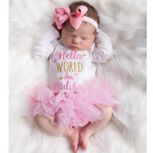 Baby Girl Hello World Outfit bubble gum pink and gold Baby Girl Hello World Outfit bubble gum pink and gold