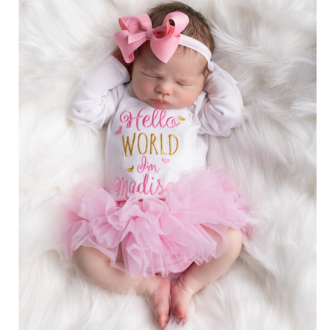 Baby Girl Hello World Outfit bubble gum pink and gold