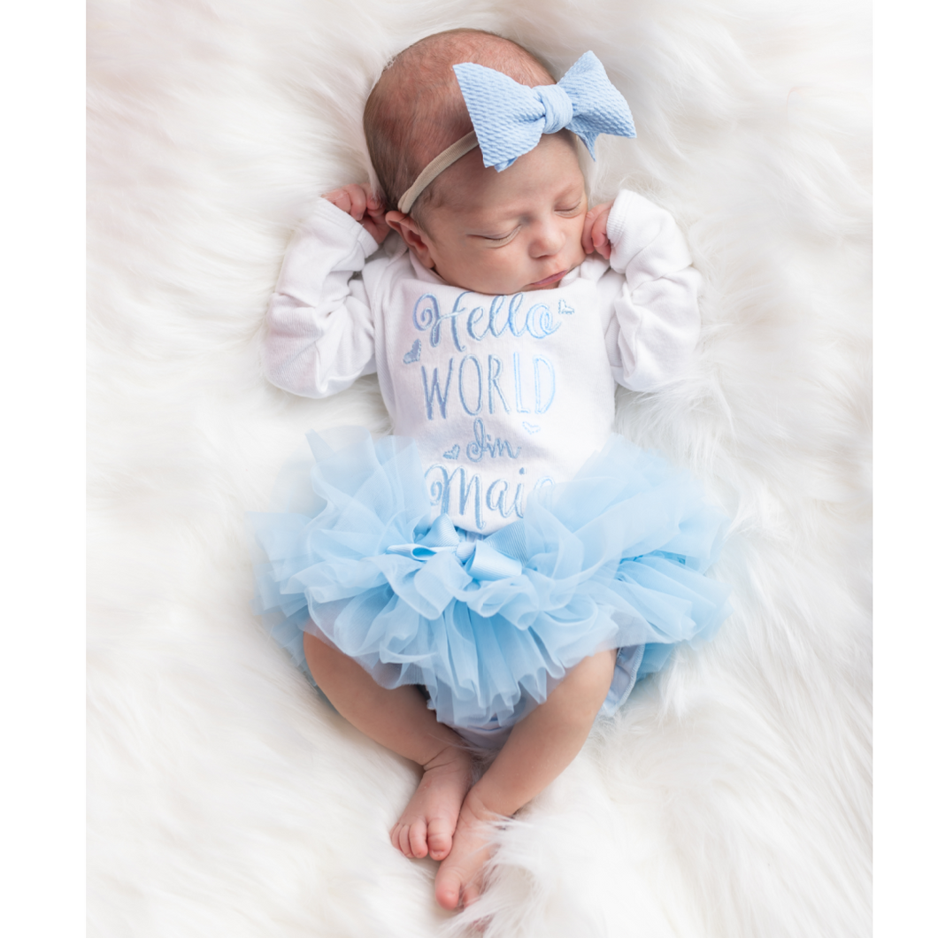 Junie Grace Baby Girl Hello World Outfit Light Blue