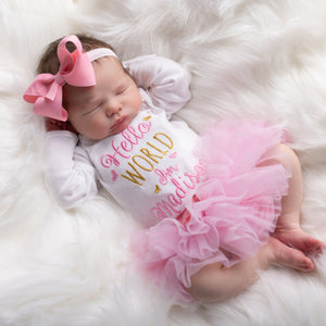 Baby Girl Hello World Outfit bubble gum pink and gold