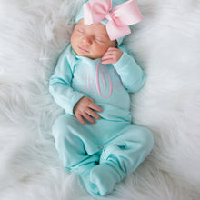 Newborn Girl Monogrammed  Aqua and Pink Hat & Romper Outfit