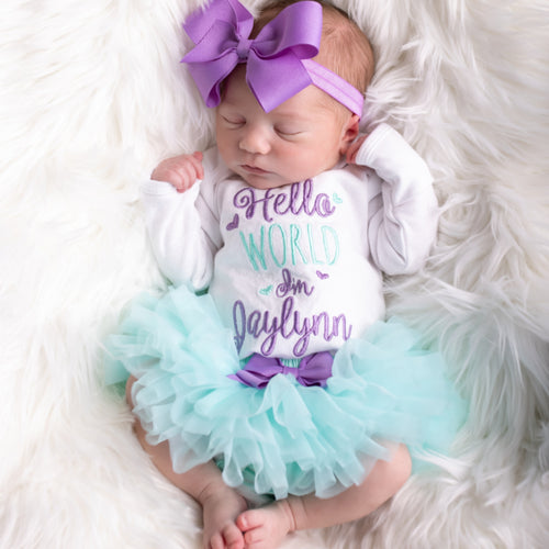 Baby Girl Hello World Outfit - aqua and lilac