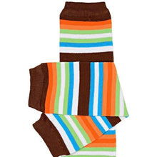 brown, orange, green, white and blue baby leg warmers